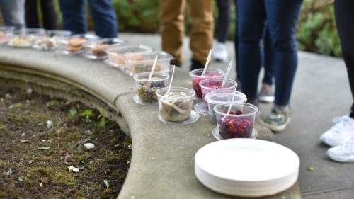 Plastic containers filled with foods purchased at local supermarkets.
