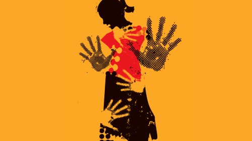 Silhouette of a girl against an orange background with stylized hands in defensive position