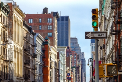 City buildings and a crosswalk