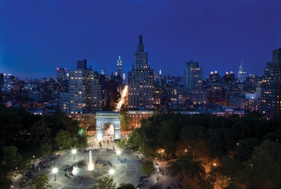 Washington Square Park and the New York City skyline at night